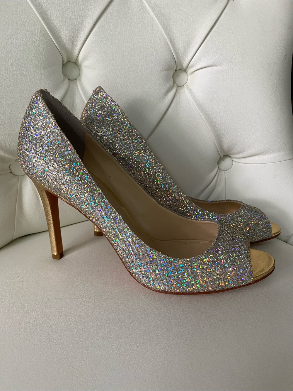😍Enzo Angiolini Gold and Silver Glitter Peeptoe Heels 👠- 8.5